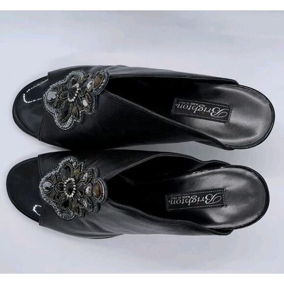 Brighton Ranae Boho Slip On Pumps High Heels 9M Black Leather Embellished Sequin - Picture 8 of 11